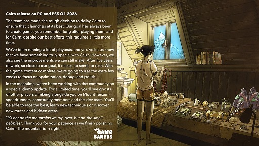 画像ギャラリー No.001のサムネイル画像 / ロッククライミングゲーム「Cairn」,2026年第1四半期に発売延期。体験版のアップデートを近日配信予定